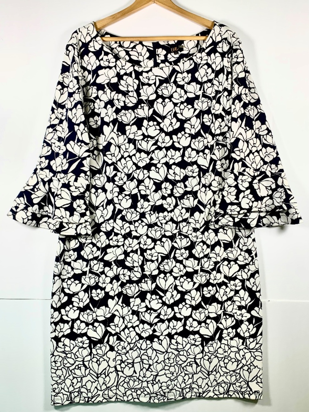 Black White Floral midi stretch shift dress ruffle bell sleeves party church